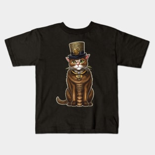 Vintage Steampunk Cat in Top Hat Design Kids T-Shirt